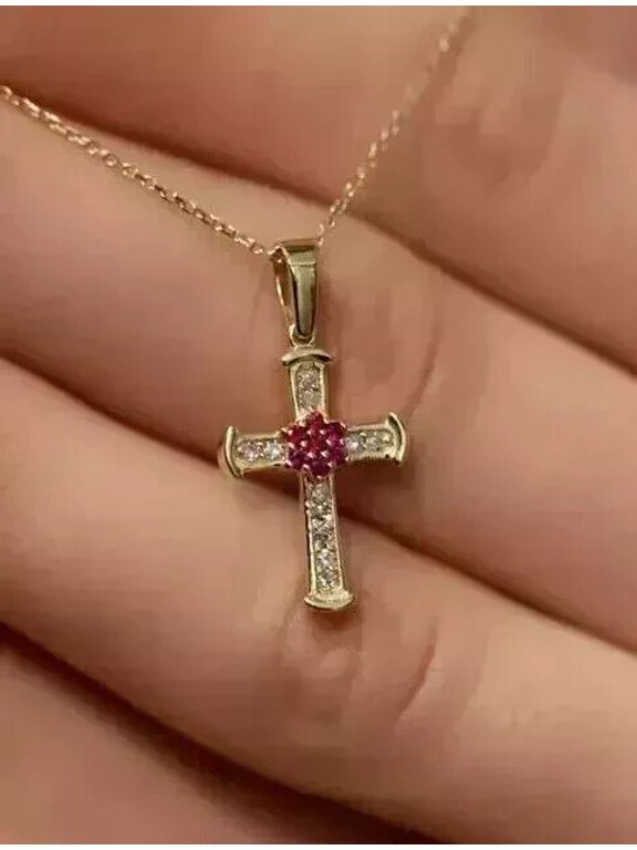 1Ct Round Cut Lab Created Pink Ruby Cross Women's Pendant Chain 14K Yellow Gold Plated