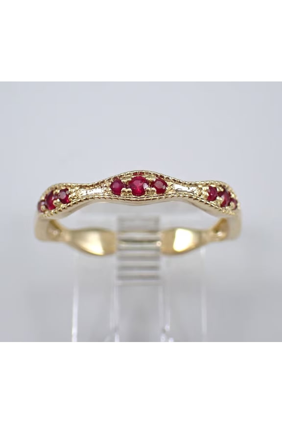 1Ct Round Cut Lab Created Red Ruby Band Ring 14K Yellow Gold Plated for Women