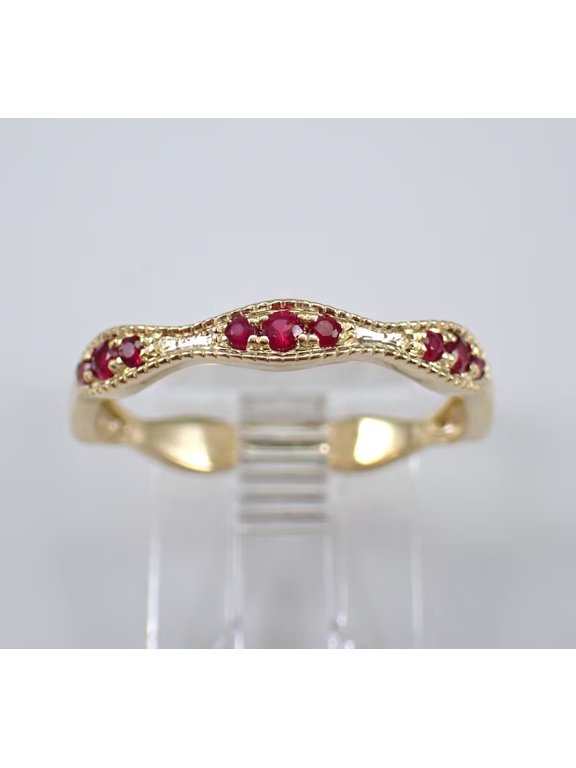 1Ct Round Cut Lab Created Red Ruby Band Ring 14K Yellow Gold Plated for Women