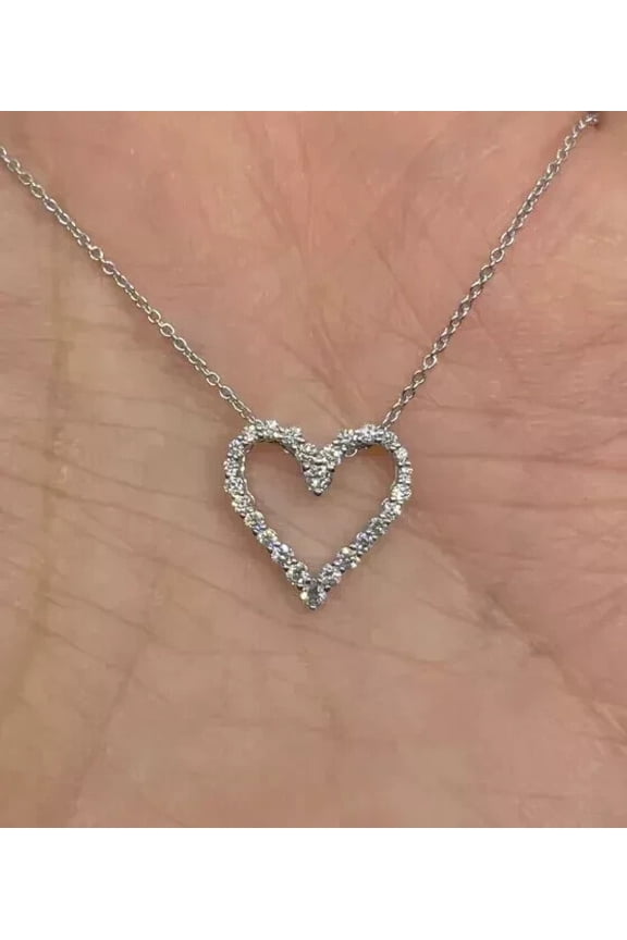 1Ct Round Cut Moissanite Open Heart Women Pendant Necklace 14k White Gold Plated