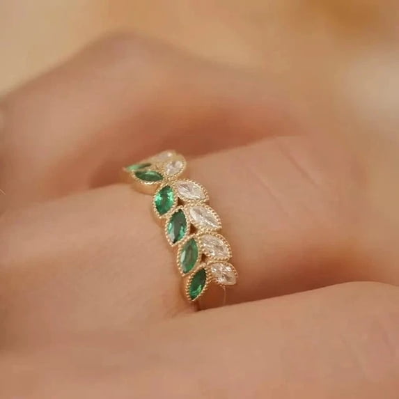 ORLOV DIAMONDS 2Ct Marquise Cut Lab Created Emerald Leaf Half Eternity Ring 14k Yellow Gold Plated