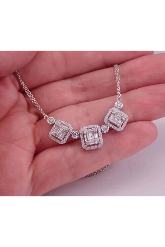 2Ct Moissanite Baguette Cut 14K White Gold Plated Bar Cluster Women Necklace
