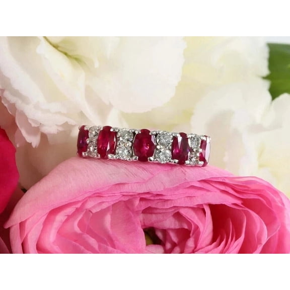 ORLOV DIAMONDS 2Ct Oval Cut Lab Created Red Ruby Half Eternity Wedding Band Ring 14K White Gold Plated