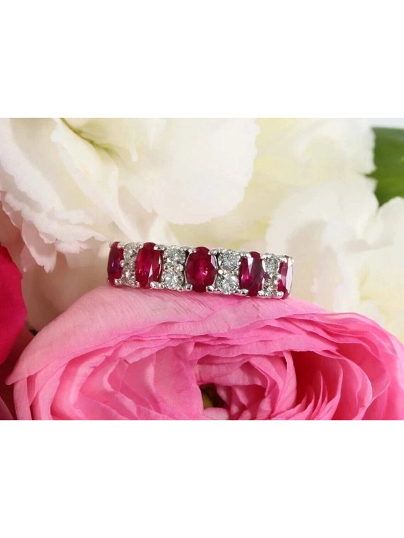 2Ct Oval Cut Lab Created Red Ruby Half Eternity Wedding Band Ring 14K White Gold Plated