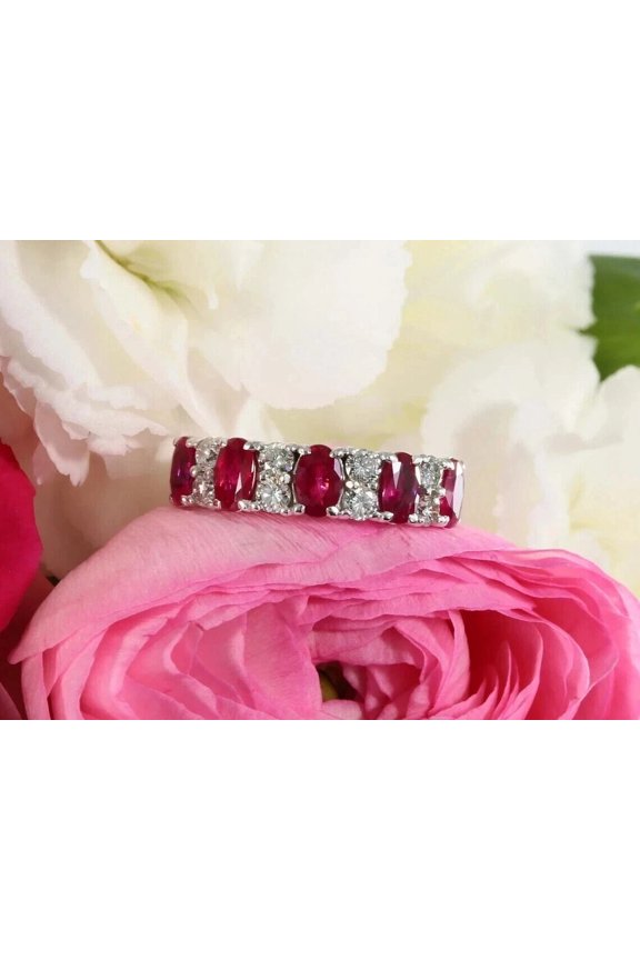 2Ct Oval Cut Lab Created Red Ruby Half Eternity Wedding Band Ring 14K White Gold Plated