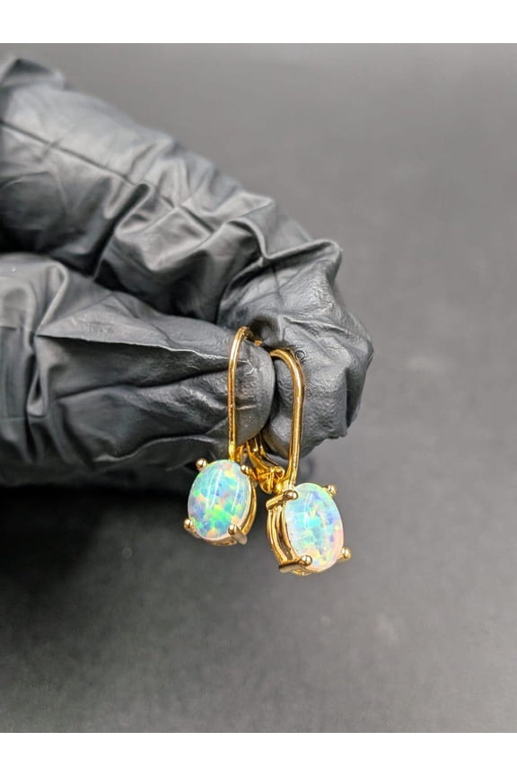 2Ct Oval Lab Created Opal Drop 14K Yellow Gold Plated Dainty Leverback Earrings