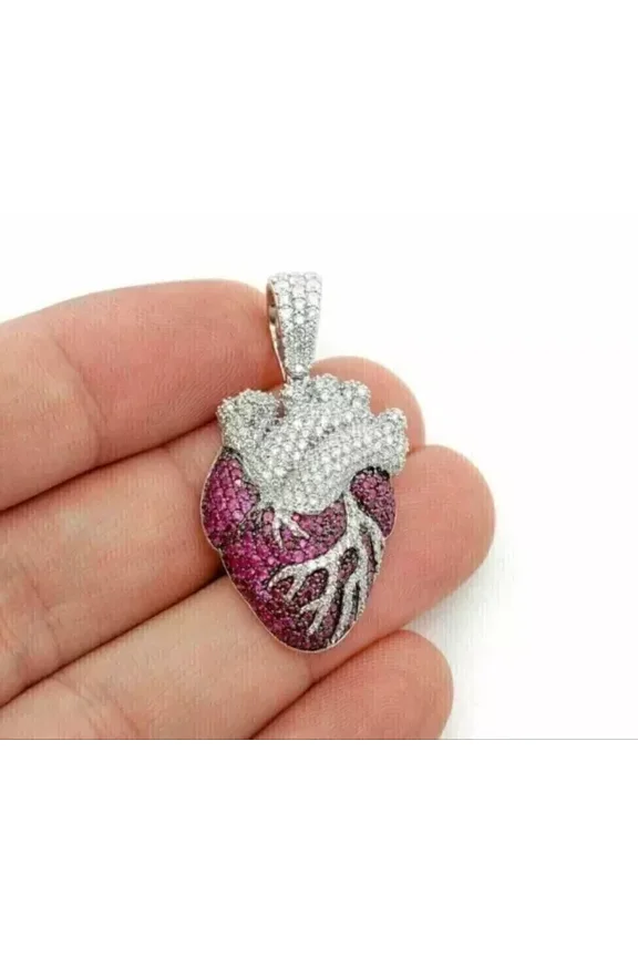 3.50Ct Round Lab Created Ruby Heart Cluster Charm Pendent 14k White Gold Plated