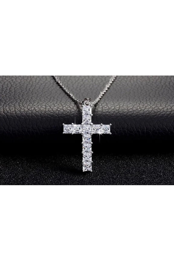 Cross Pendant Chain Women 2 Ct Princess Cut Moissanite 14K White Gold Plated