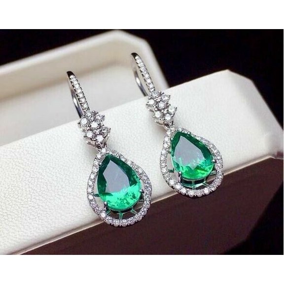 ORLOV DIAMONDS Dangle Hook Earrings 14K White Gold Plated 3Ct Lab Created Green Emerald Halo