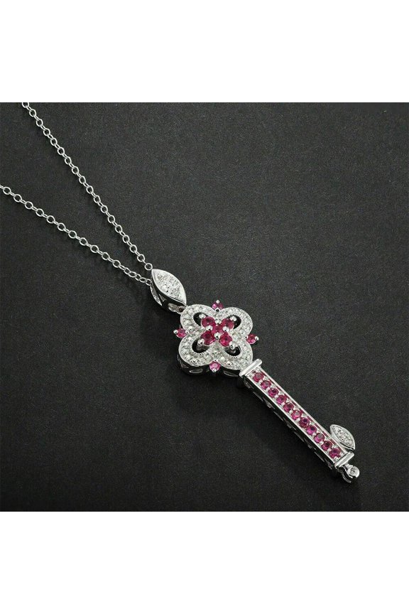 Delicate 2Ct Round Cut Lab Created Red Ruby Key Pendant Chain 14K White Gold Plated