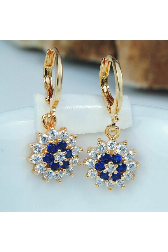 Drop Flowwer Hoop Earrings 14K Yellow Gold Plated 2Ct Lab Created Round Cut Sapphire