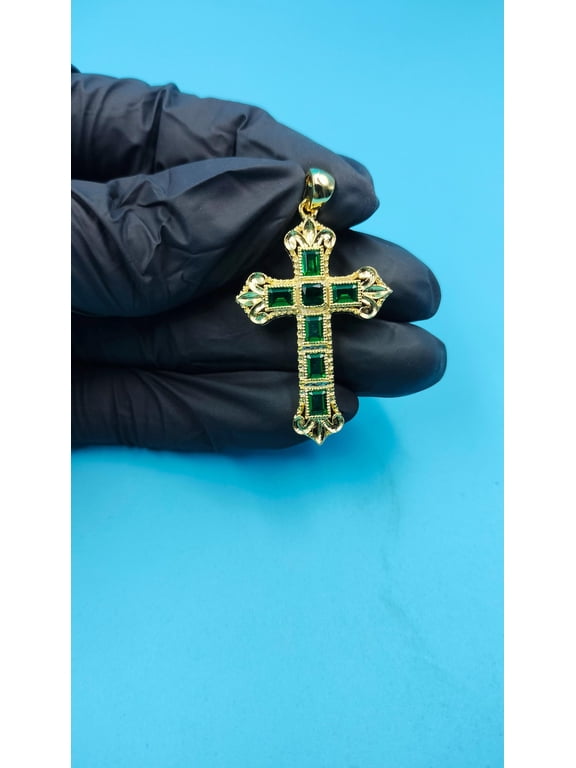 Lab Created Emerald 14K Yellow Gold Plated Cluster Cross Pendant for Women