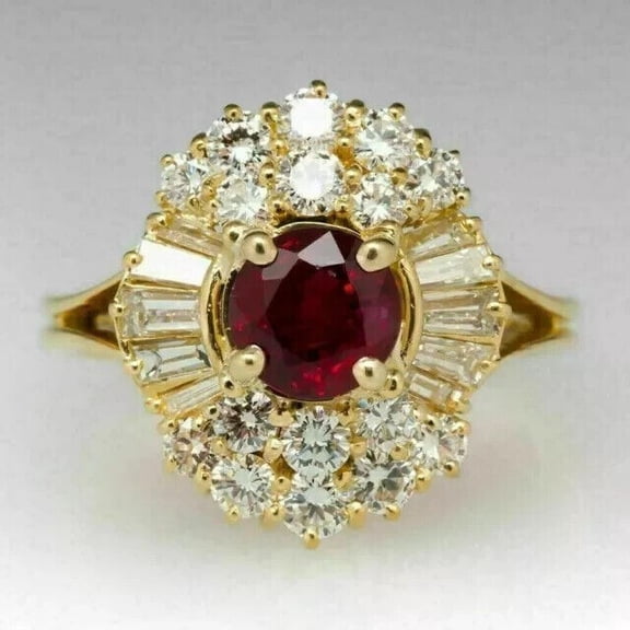 ORLOV DIAMONDS Lab Created Red Ruby 3Ct Round Cut 14K Yellow Gold Plated Cocktail Women Wedding Ring