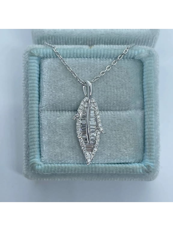 Leaf Pendant 14K White Gold Plated 2Ct Baguette Cut Moissanite
