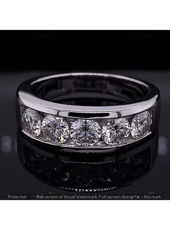 Men 3 Ct Round Cut Moissanite 5-Stone Wedding Band Ring 14k White Gold Plated