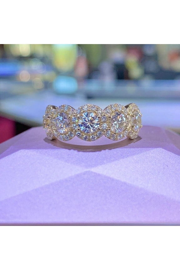 Moissanite 3Ct Round Cut Women Halo Wedding Band 14K Yellow Gold Plated