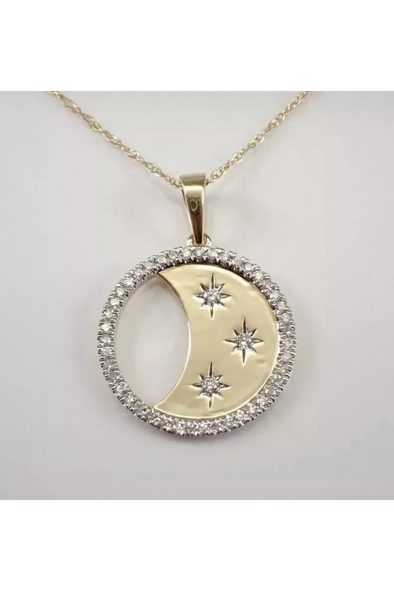 Princess & Round Moissanite Lucky Horse Shoe Pendant Necklace 14K Yellow Gold Finish