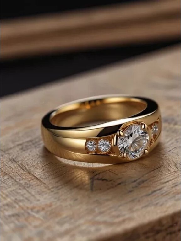 Solitaire Ring for Women with Moissanite Classic Three Stone Band 14k Yellow Gold Plated