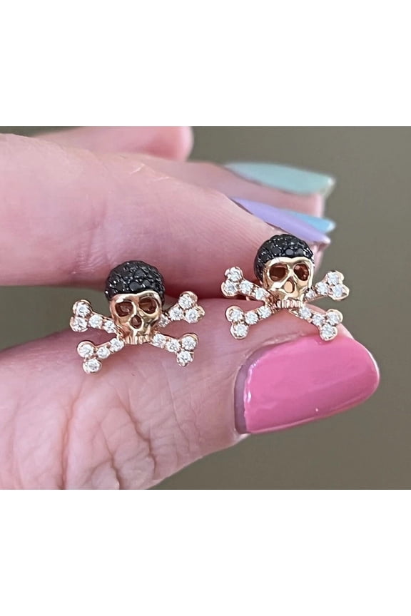 Spooky Skull Earrings in Moissanite Round Cut 14k Yellow Gold Plated Silver