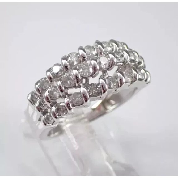 ORLOV DIAMONDS Women 2.30 Ct Round Cut Moissanite Three Row Band Ring 14K White Gold Plated