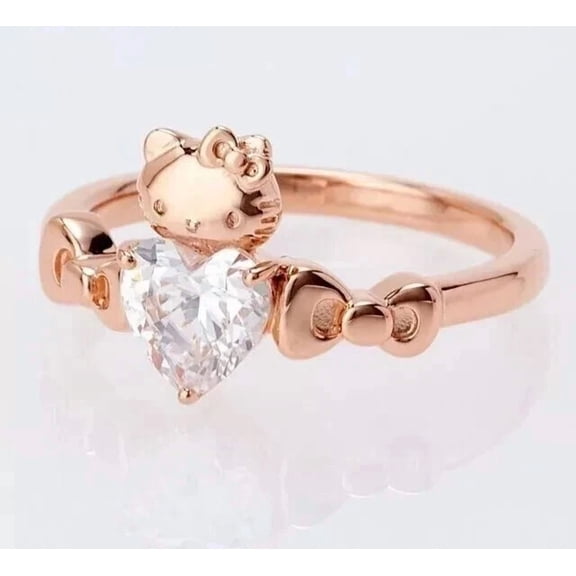 ORLOV DIAMONDS Women Hello Kitty Wedding Ring 14K Rose Gold Plated 2Ct Heart Cut Moissanite Silver