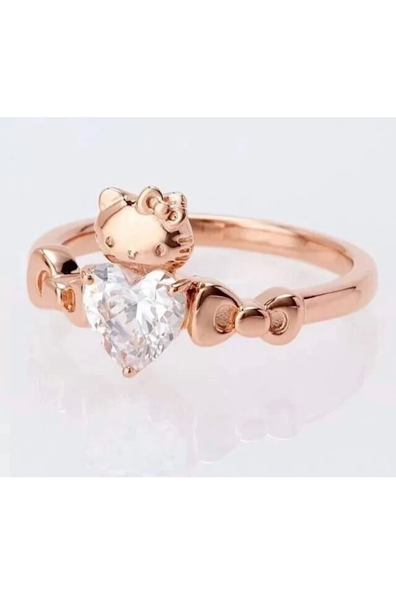 Women Hello Kitty Wedding Ring 14K Rose Gold Plated 2Ct Heart Cut Moissanite Silver
