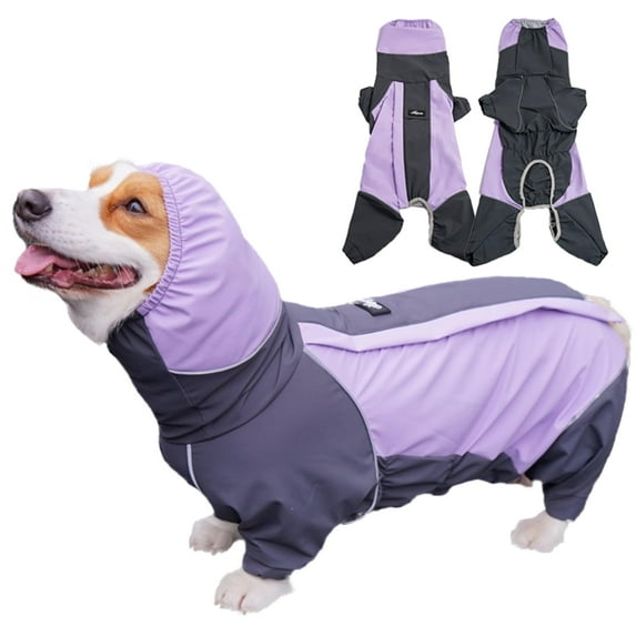 ORMARKET_Pet Traction Dog All-Inclusive Raincoat Corgi Raincoat Outdoor Reflective Pet Jacket Windproof and Rainproof(Purple,L)