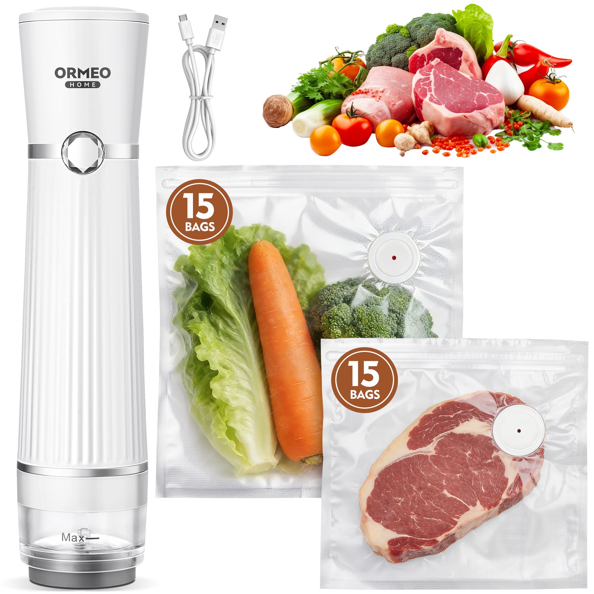 ORMEO HOME Compact Vacuum Sealer for Food, Powerful Handheld Vacuum Sealer Machine, Seal Meal Saver Portable Food Sealer (Vacuum Sealer Machine & 30 Reusable Vacuum Bags)