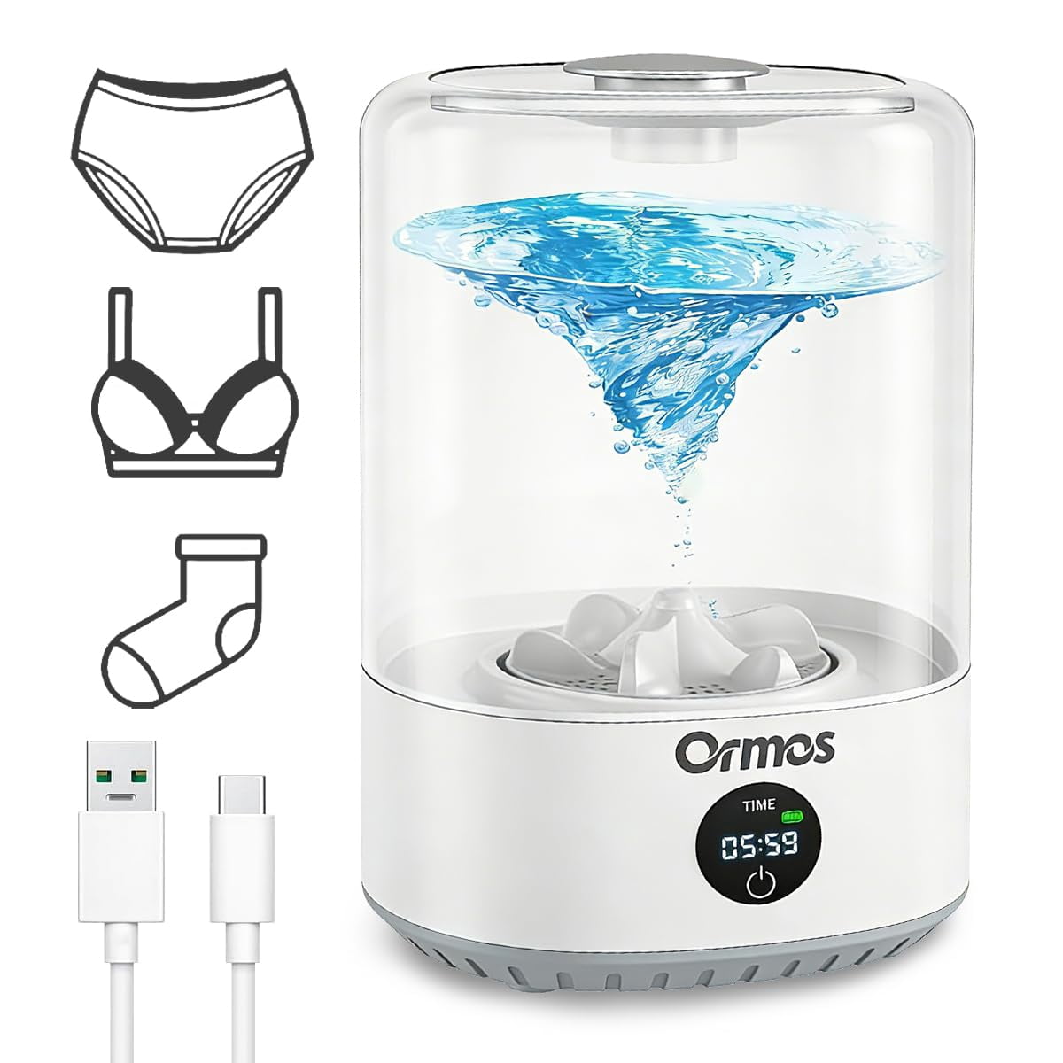 ORMOS Portable Mini Washing Machine, White, Rechargeable Cordless Washer, 4L Capacity, Quiet Efficient, LED Touch Screen, 5000mAh Battery