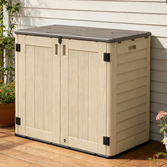 OROFULL 30 Cu.Ft Outdoor Storage Shed, Waterproof Resin Horizontal Cabinet with Lockable Doors for Patio, Backyard & Garden Tools, Khaki