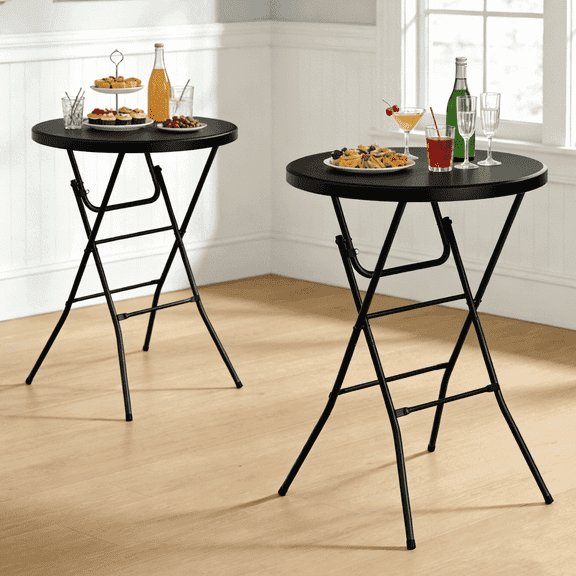 OROFULL 32 Inch Round Bar Height Folding Cocktail Table 2 Pack, Portable High Top Table with Locking Legs for Indoor Outdoor Party Bistro Event, Black