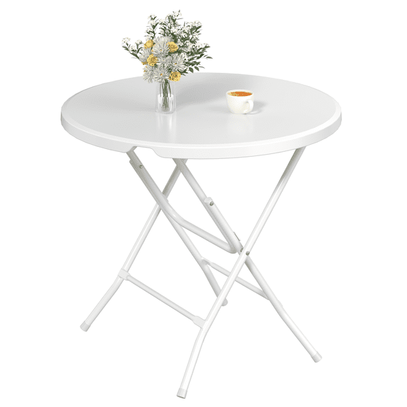 OROFULL 32 Inch Round Folding Table 1 Pack, White HDPE Portable Plastic Dining Card Table for Indoor Outdoor Picnic Camping Banquet Party Table