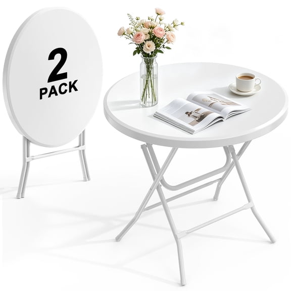 OROFULL 32 Inch Round Folding Table 2 Pack, White HDPE Portable Plastic Dining Card Table for Indoor Outdoor Picnic Camping Banquet Party Table