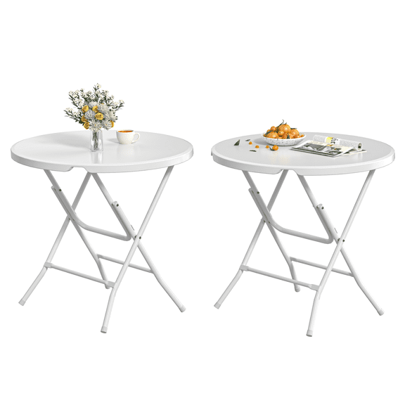 OROFULL 32 Inch Round Folding Table 2 Pack, White HDPE Portable Plastic Dining Card Table for Indoor Outdoor Picnic Camping Banquet Party Table