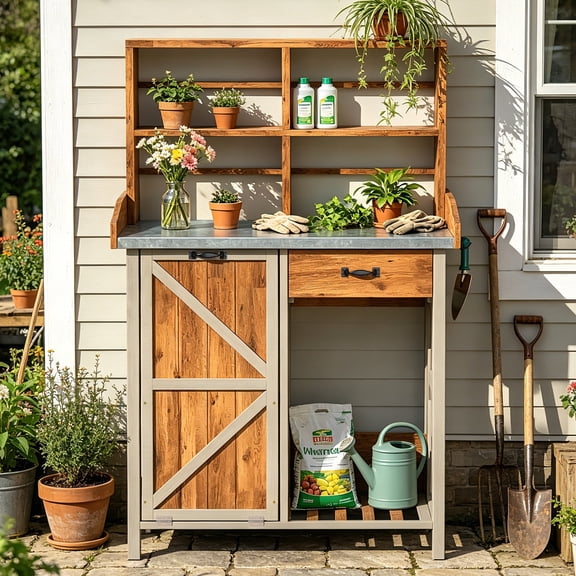 OROFULL 35in Outdoor Garden Potting Bench with Metal Tabletop, Cabinet & Side Hook for Patio Backyard, Natural Wood