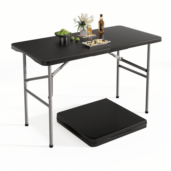 OROFULL 4 FT Folding Table, Heavy Duty HDPE Plastic Portable Foldable Table with Safety Lock & Carry Handle for Indoor Outdoor Party Camping Picnic Dining, Black