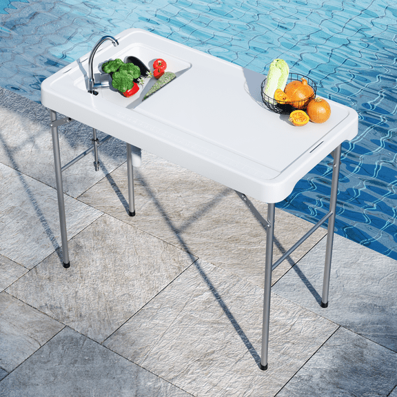 OROFULL 42.5 Inch Folding Fish Cleaning Table, Portable Outdoor Camping Sink Station with HDPE Top, Drainage Hose, Knife Slots & Measure Mark for Fishing, Camping, Backyard, White