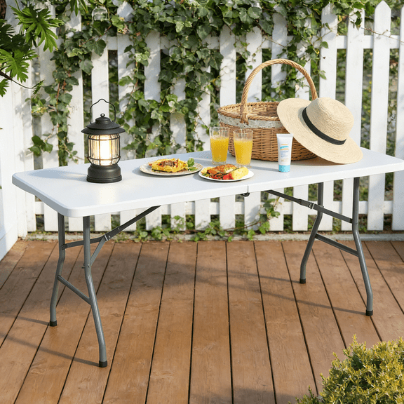 OROFULL 6 Foot Folding Plastic Table, Heavy Duty Portable Indoor Outdoor Dining Table with Carry Handle, Lock Design, White