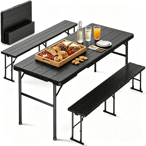 OROFULL 6FT Folding Picnic Table Set, Heavy Duty Portable Table with 2 Benches, Indoor Outdoor Foldable Camping Furniture for Patio BBQ Party Backyard, Black