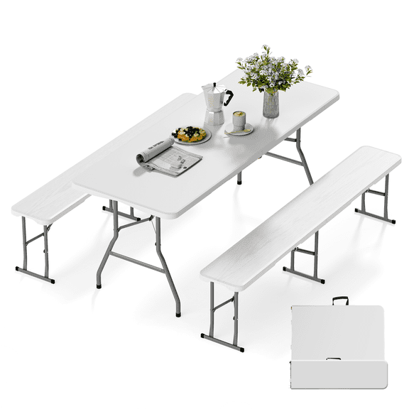 OROFULL 6FT Folding Picnic Table and Bench Set with HDPE & Steel Frame for Indoor Outdoor Dining Camping Party Patio,White