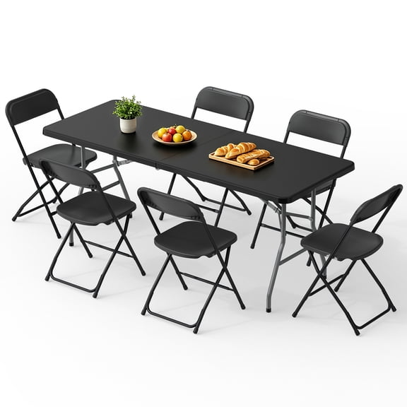 OROFULL 6FT Folding Table Set with 6 Chairs, Plastic Portable Dining Table for Party Camping Backyard Events Picnic,Black