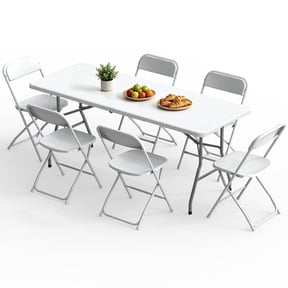 OROFULL 6FT Folding Table Set with 6 Chairs, Plastic Portable Dining Table for Party Camping Backyard Events Picnic,White