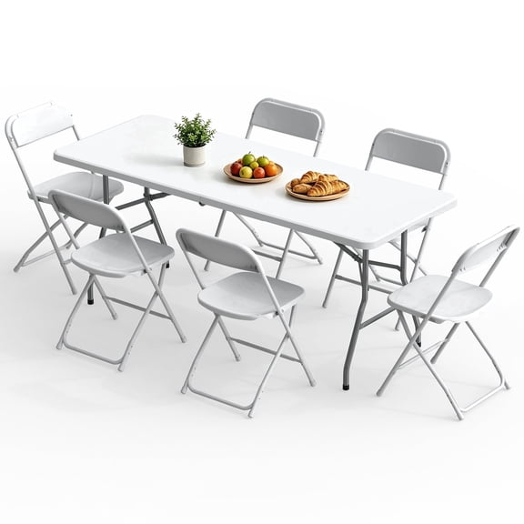 OROFULL 6FT Folding Table Set with 6 Chairs, Plastic Portable Dining Table for Party Camping Backyard Events Picnic,White