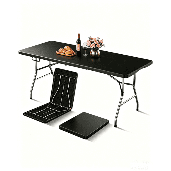 OROFULL 6ft Folding Table, Heavy Duty Portable Plastic Utility Table with Carry Handle, Waterproof Foldable Table for Party Camping Picnic Dining Indoor Outdoor, Black