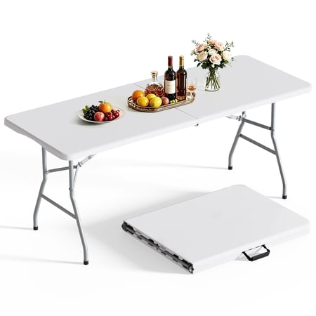 OROFULL 6ft Folding Table, Heavy Duty Portable Plastic Utility Table with Carry Handle, Waterproof Foldable Table for Party Camping Picnic Dining Indoor Outdoor, White