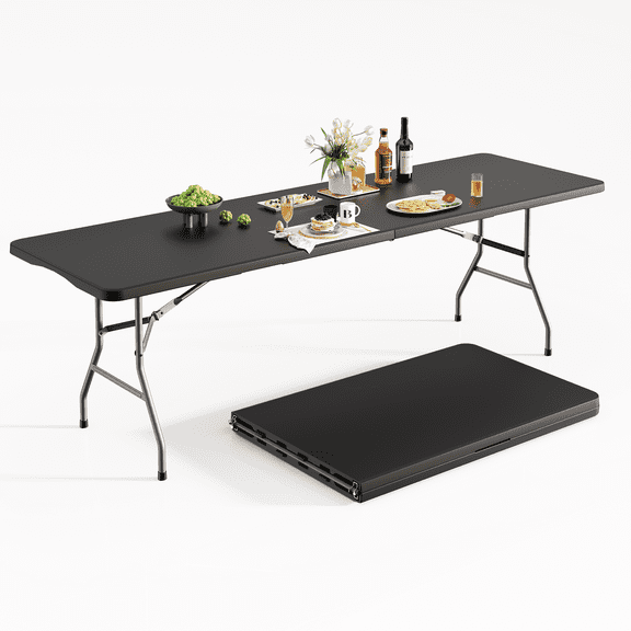OROFULL 8ft Folding Table, Heavy Duty Plastic Foldable Table with Carry Handle, Indoor Outdoor Utility Table for Party Camping Picnic Dining, Black