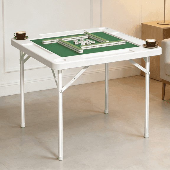 OROFULL Square Mahjong Table, 35.4" Folding Game Table with Green Felt & Cup Holders, Portable 4-Player Multi-Game Table for Poker Dominoes and Puzzles