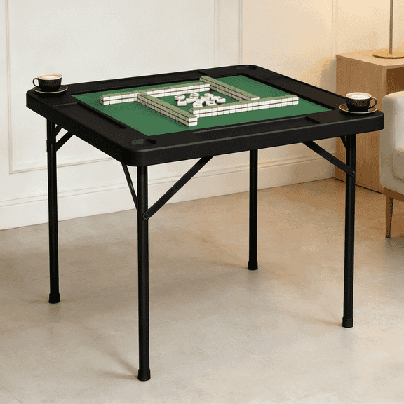 OROFULL Square Mahjong Table, 35.4" Folding Game Table with Green Felt & Cup Holders, Portable 4-Player Multi-Game Table for Poker Dominoes and Puzzles