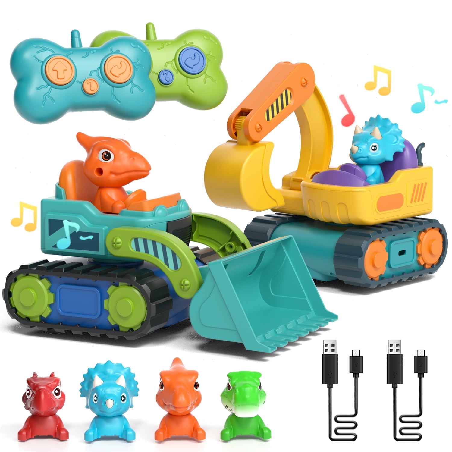 2 Pack Remote Control Car, Dinosaur RC Car Toy with Lights & Music for Toddler 2 3 4 Year Old Boy