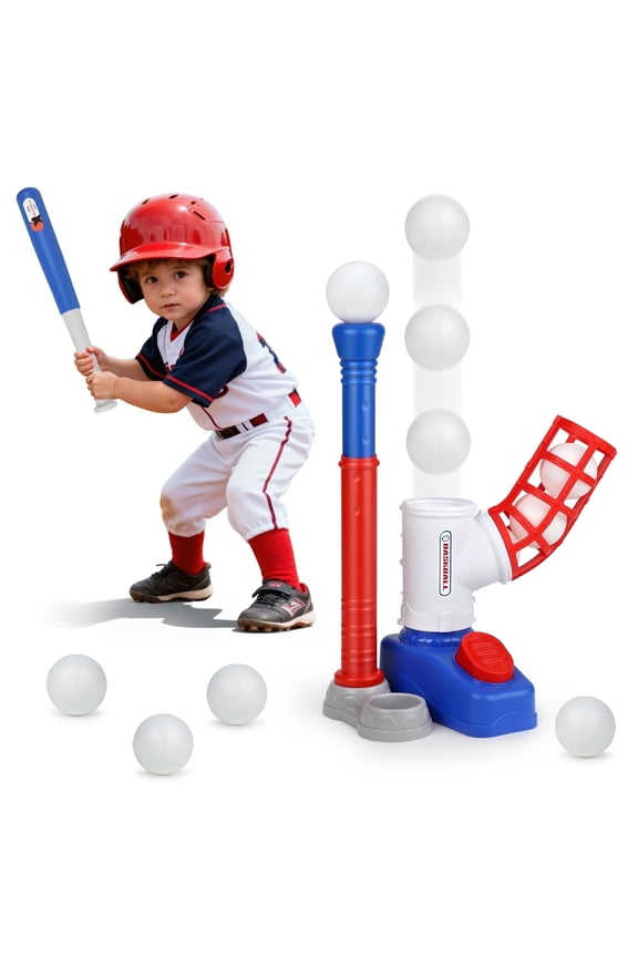 T Ball Set Toys, Baseball Sports & Outdoors Toy with 6 Balls & Auto Baseball Launcher, T Ball Set for 2 3 4 5 Year Old - Blue